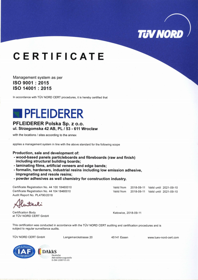 质量管理体系-EN ISO 9001,环境管理体系-EN ISO 14001 (Pfleiderer Polska GmbH）